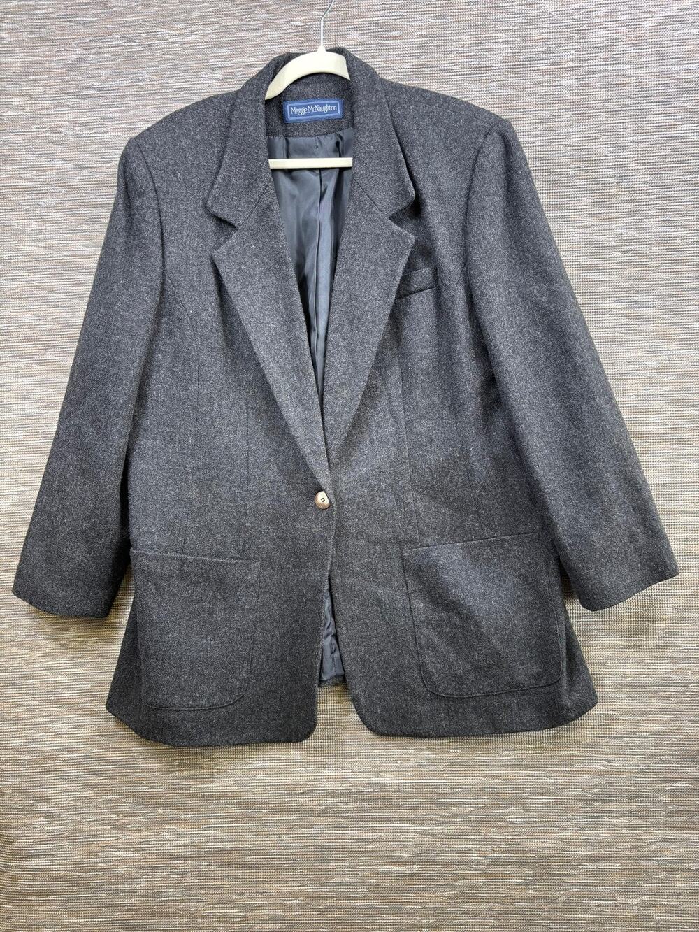 Maggie McNaughton Blazer Womens L Gray 100% Wool One Button Belted Back Lined